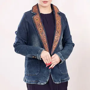 Western Denim Blazer with Sunflower Tooled Leather Lapels