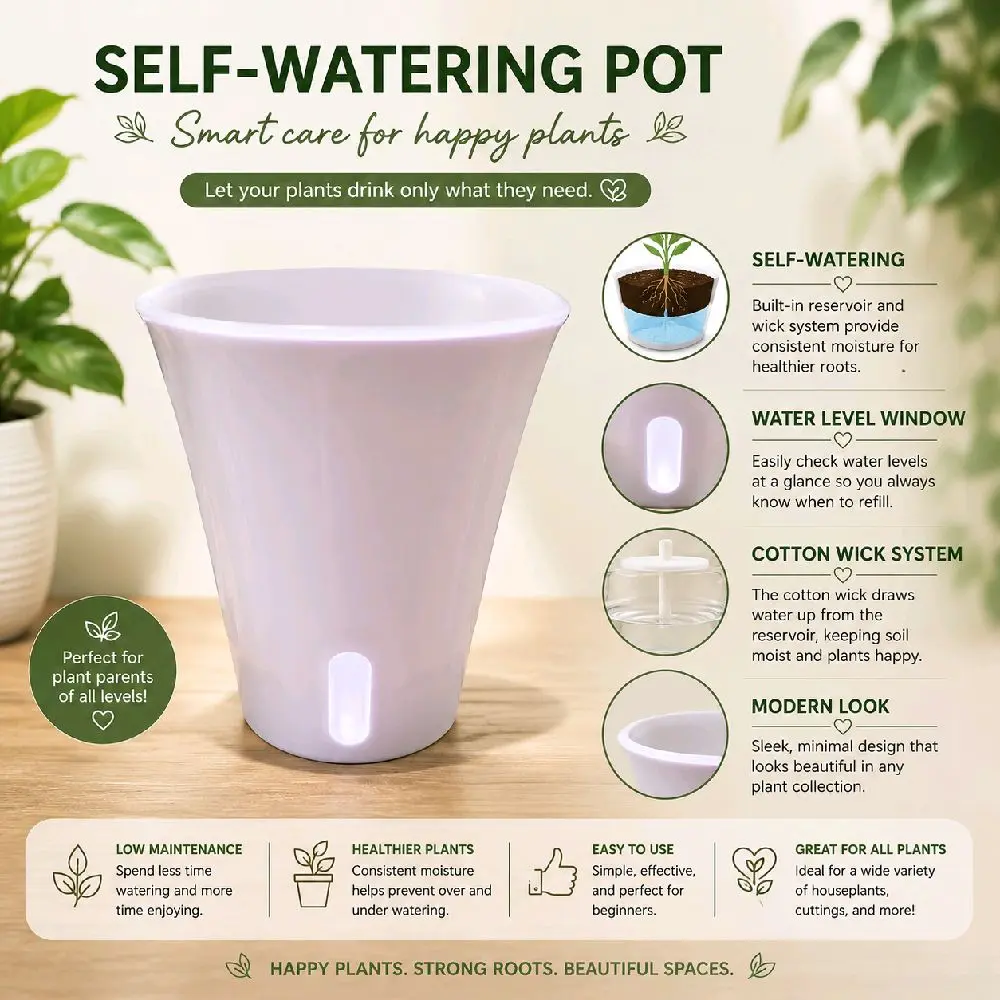 5-Pack White Plastic Self-Watering Ornamental Mini Decorative Plant Pots – Low-Maintenance Solution for Indoor Planting, Clean Aesthetic, Plastic Plant Pots, Mini Flower Pots