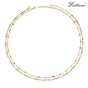 Fettero Rainbow Colorful Beaded Choker Necklace for Women, Gold-Plated Glazed Donut Macaron Candy Chain Necklace, Layered Rainbow Bead Necklace Set, Adjustable 14.5-15.3in Summer Festival Vacation Beach Jewelry Gift Pride Month DealsForYouDays WeeklyDeals