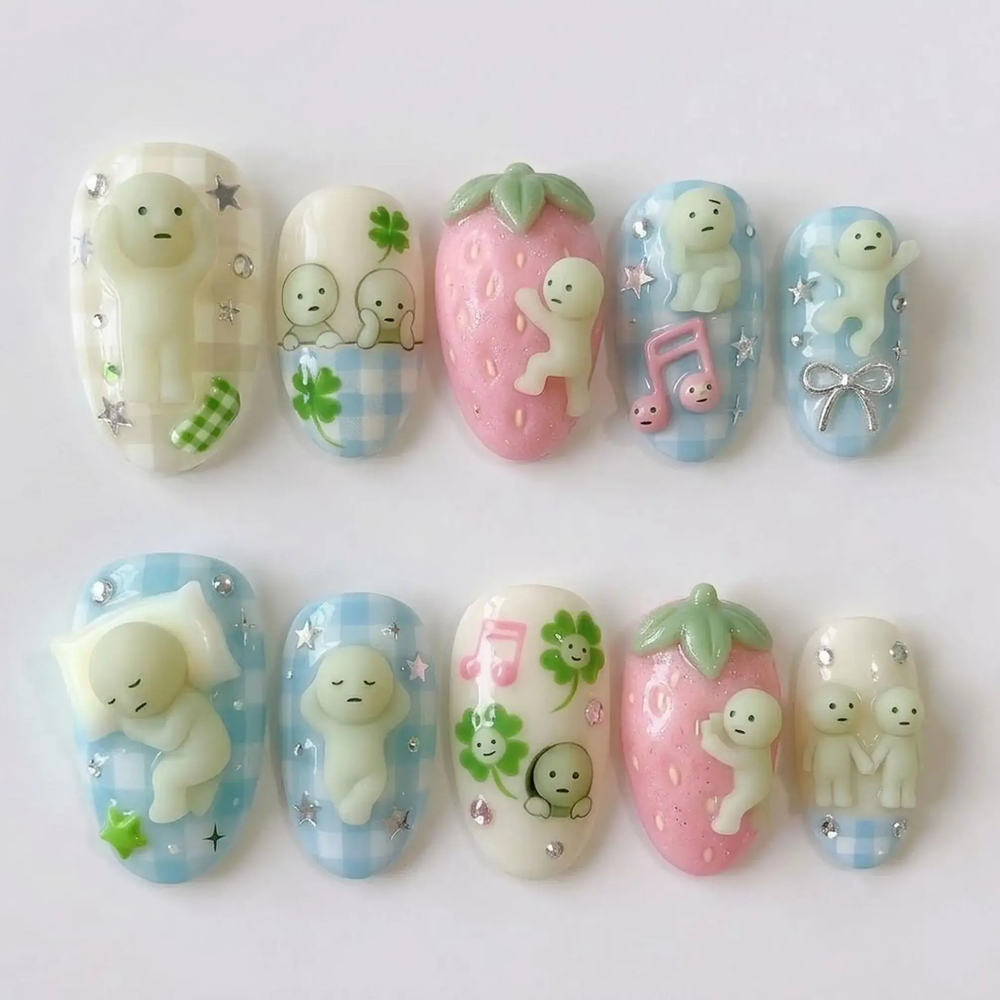 Smiski Press On Nails, Kawaii Anime Figure Art, Pastel Gingham Strawberry, Glow In Dark