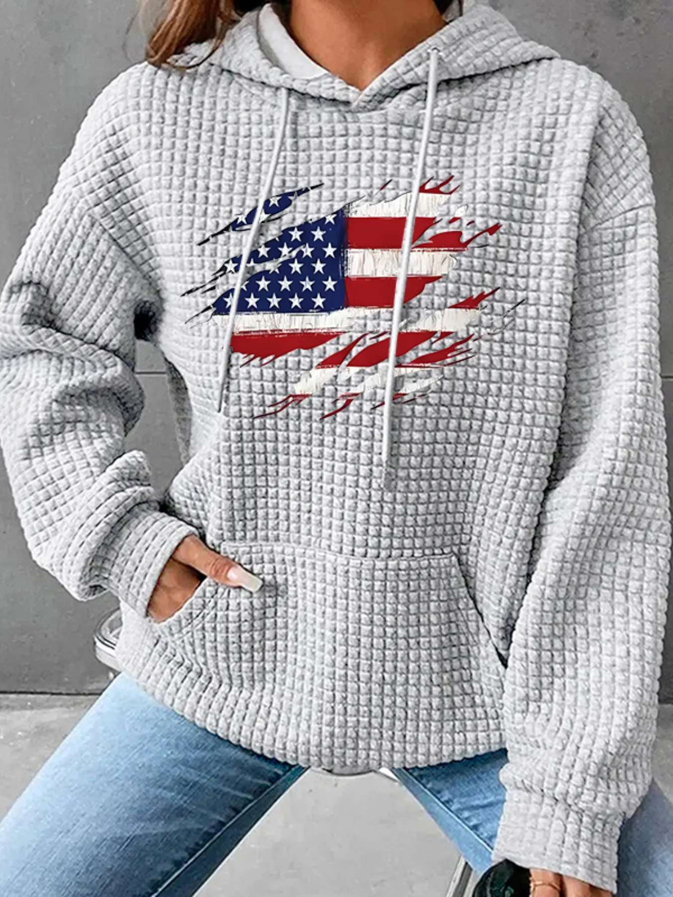 Women's Trendy Loose Hooded Sweatshirt with American Flag Print, Long Sleeve Pullover with Pocket, Fall & Winter Casual Top, Fit