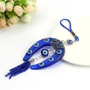 Blue Horseshoe Charm with Tassels, Alloy Hanging Ornament for Car or Home, Bohemian Decorative Pendant, Stylish Indoor & Outdoor Accent, Holiday Gift