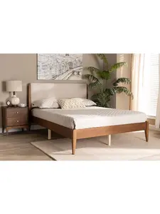 Baxton Studio MG0077S Full Size Lenora Mid-Century Modern Beige Fabric Upholstered Platform Bed Frame, Walnut Brown Finished Wood, Platform Bed Design, Slatted Base