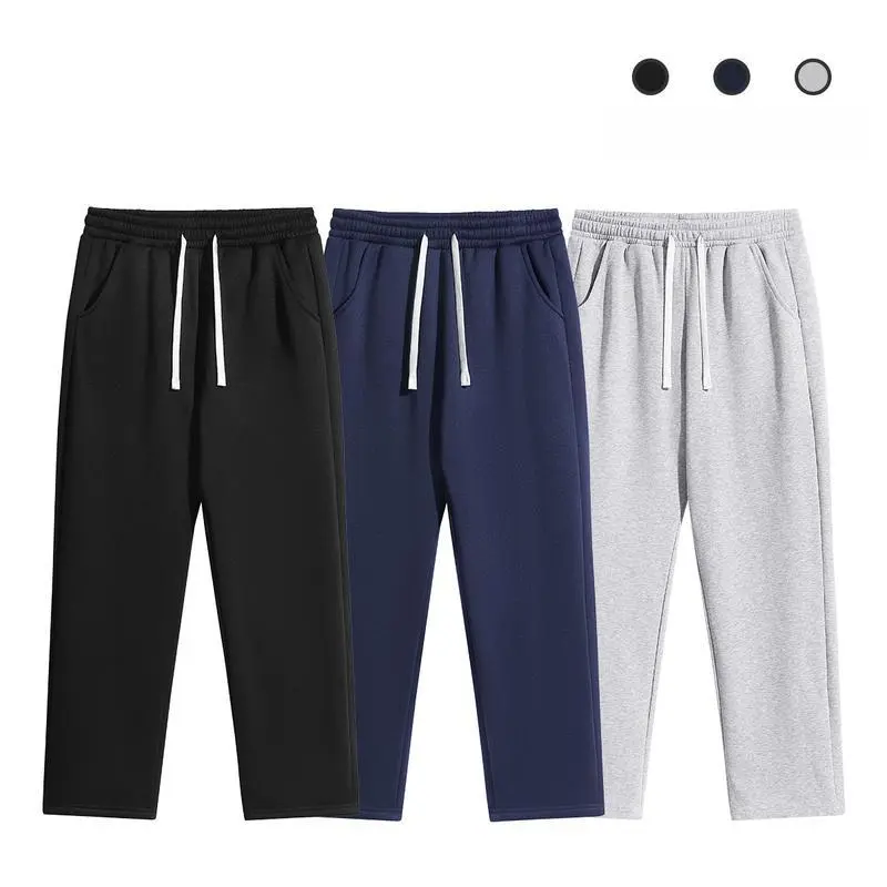 full-length Men's 3-Pack Solid Color Fleece-Lined Jogger Pants Set - Simple Casual Comfortable Trousers for Everyday Wear, Straight-Leg Yoga & Running Sweatpants