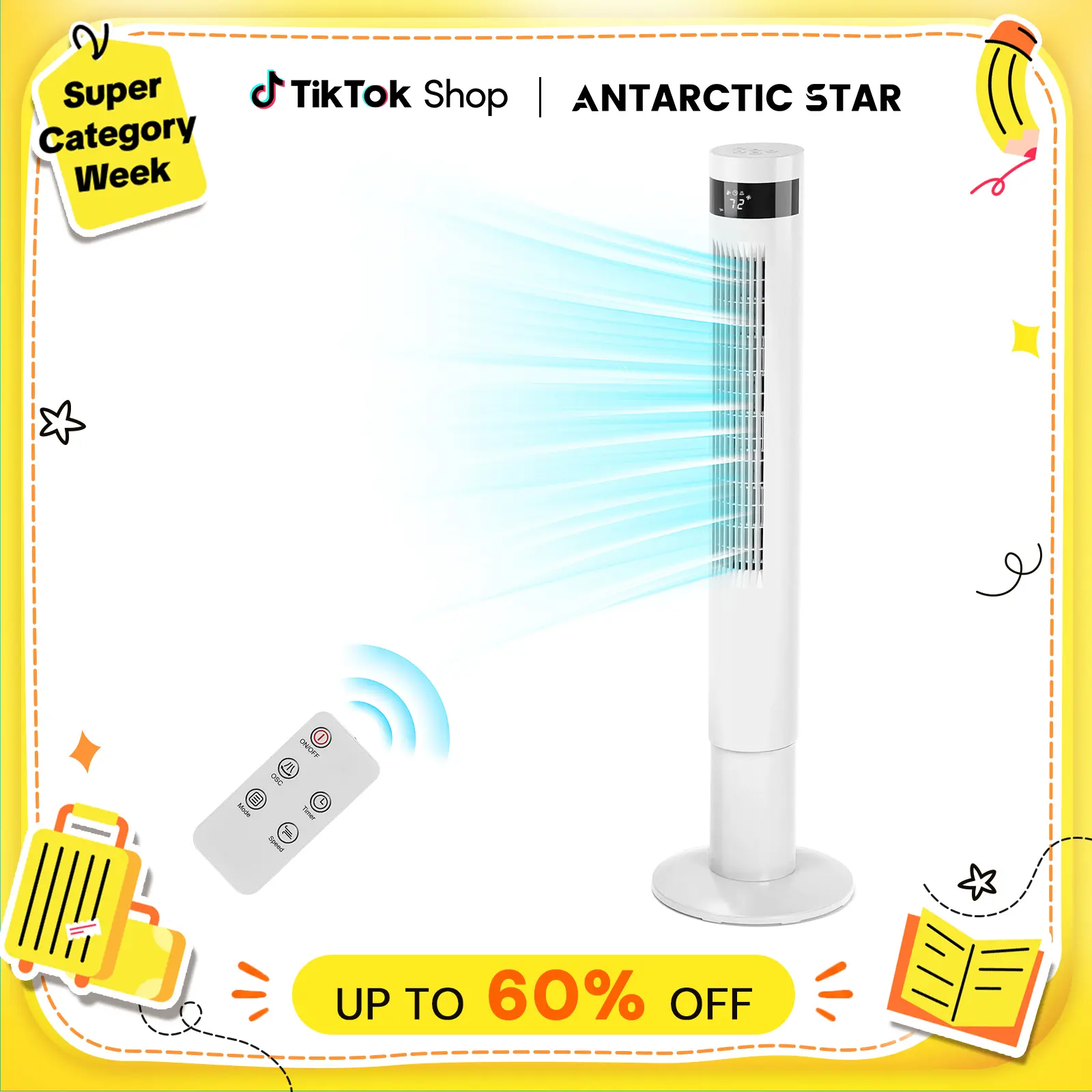【Not Air Conditioner】Antarctic Star 43in Tower Fan - 85° Oscillation, 12H Timer, Remote Control, Quiet Operation, Instant Airflow, Easy-to-Use for Bedroom, Home Office tiktokshopbacktoschool