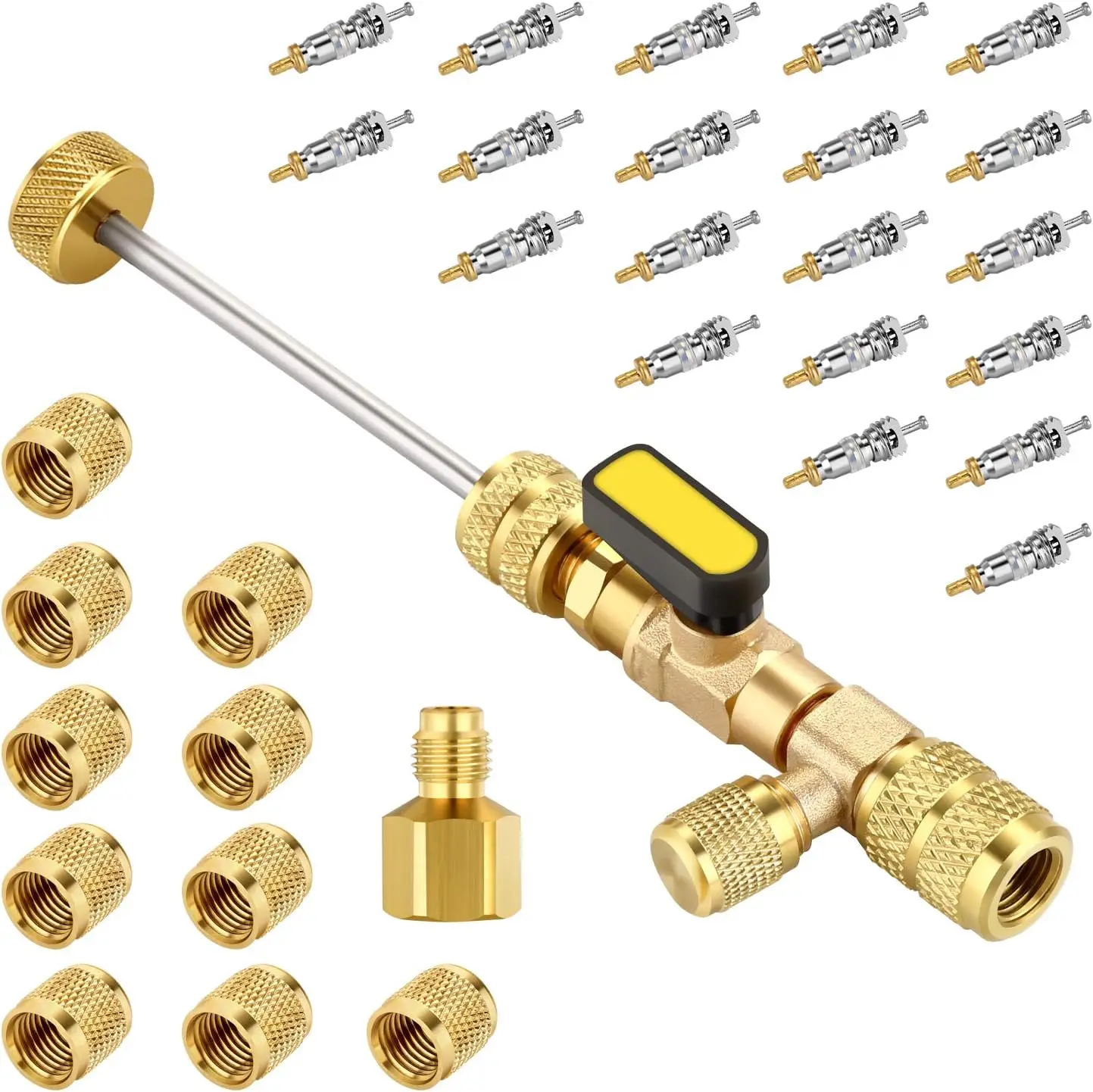 AC Valve Core Remover Installer Tool with Dual Size SAE 1/4 & 5/16 Port, 20 PCS Valve Cores with Teflon Seal and 10 PCS Brass Nuts, Compatible with R2