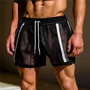 2026 New Summer Thin Men's Mesh Sexy See-through Shorts Contrasting Striped Sports Casual Pants