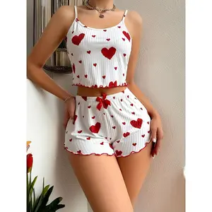 Ladies Fashion Heart Printed Ribbed Camisole Pajama Set Comfortable Stretch Machine Washable