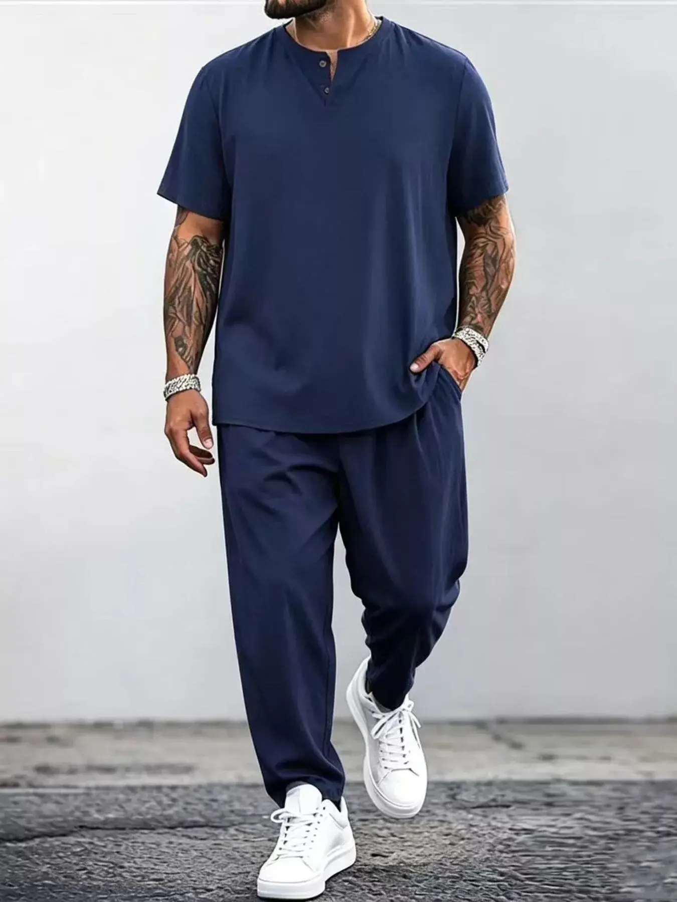 Men's Plus Size Casual Short Sleeve Top and Pants Set