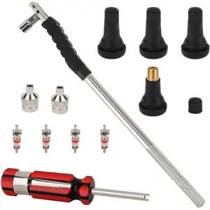 Tire Stem Tool Puller and Installer Kit, 4PCS Tubeless Snap-in Stem with Valve Stem Cores, Single Head Valve Remover and Slotted-Head Valve Cap
