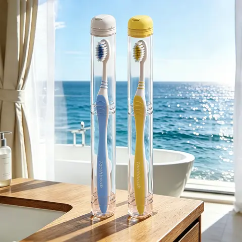 2-Pack 2-Layer Plastic French Country Toothbrush Holder Organiser - Lightweight, Transparent, Dustproof, Ventilated, Detachable Protector Cover, Fits Manual & Slim Mini Electric Toothbrushes, Oral Care Gift for Business Trip
