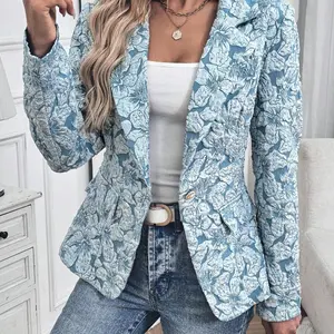 Women's Floral Pattern Blazer, Elegant Long Sleeve Open Front Outerwear for Work Office Business, Longsleeves Suit Blazer, Ladies Spring & Fall Clothes