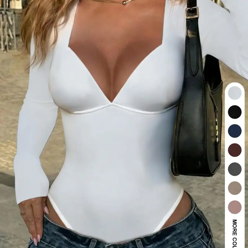 Women's Sexy Y2K Tight Fit Knit Jumpsuit Bodysuit, V Neck Design, Long Sleeve, Fall Fashion Perfect Choice, Stylish Aesthetic, Chic, Casual and Comfortable Womenswear