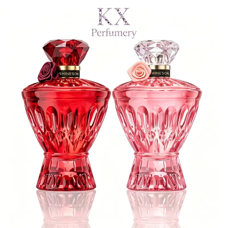 SHINESONN Women's EDP Fragrance 2-Piece Bottle Set - Ruby & Pink Gemstone 75ml Each Oriental Floral Fruity Scent, Crystal-Cut Bottles, Bold Rose, Patchouli Musk Base, Cedar+Vanilla Dry, Romantic Fragrance, Ideal for Gifts, TikTokBeauty Summervibes