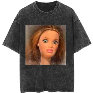 Vintage Acid Wash Shocked Barbie Meme Graphic T-Shirt Y2K Retro Funny Doll Streetwear Oversized Tee 100% Soft Ring Spun Cotton Classic Crewneck Design Unisex Fit S-3XL - Casual