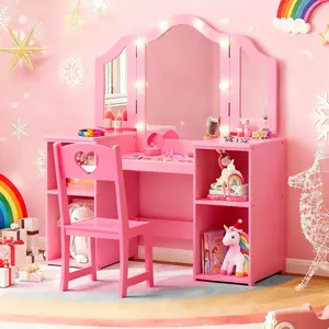 GARVEE Vanity Table and Chair Set with Light - Makeup Vanity with Stool and Mirror - Princess Style Vanity with Storage for Little Ones