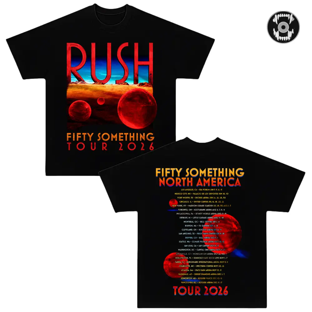Rush Fifty Something Tour 2026 T-Shirt, Rush Red Planet Graphic Tee, Double Sided North America Tour Dates Shirt, Heavyweight Cotton Oversized Streetwear, Vintage Progressive Rock Band Merch, Unisex Concert Fan Gift, Classic Music Tour Apparel