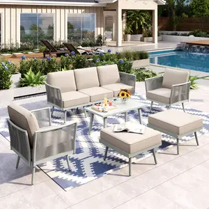 Phivilla Metal Patio Furniture Sets with Detachable Rope Rattan Armrest, Outdoor Conversation Set All Weather Patio Sectional Couch with Coffee Table & Ottomans, Beige Cushion
