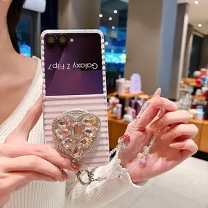 PC frosted stripe magnetic phone case, with optional hand strap and imitation diamond stand, supports wireless charging via magnetic attachment, compatible with Samsung Galaxy Z Flip 3/4/5/6/7FE/7, featuring premium trendy design for phone protection.
