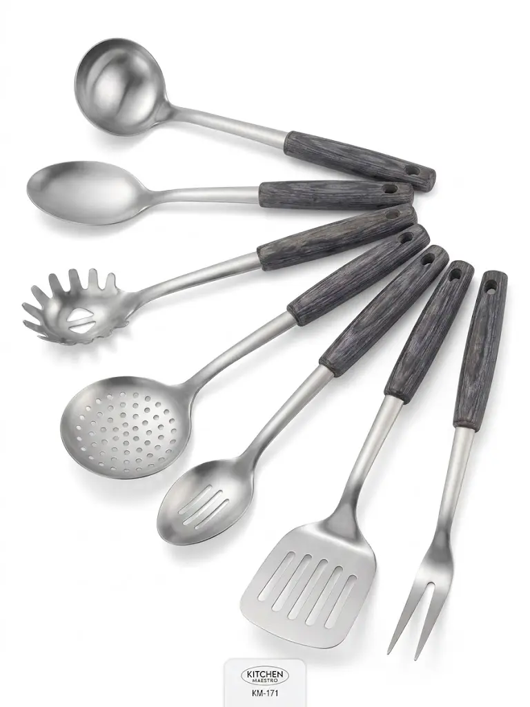Kitchen Maestro 7pc Stainless Steel Utensil Set Pakkawood Handles KM-171 Pasta Ladle