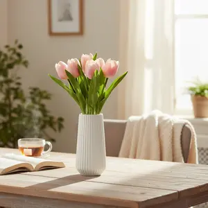 Real-touch Tulips in 8"H Ceramic Vase for Room Desktop - Pink & Green Flowers, Durable Plastic & Ceramic, Easy Display, Spring Decor
