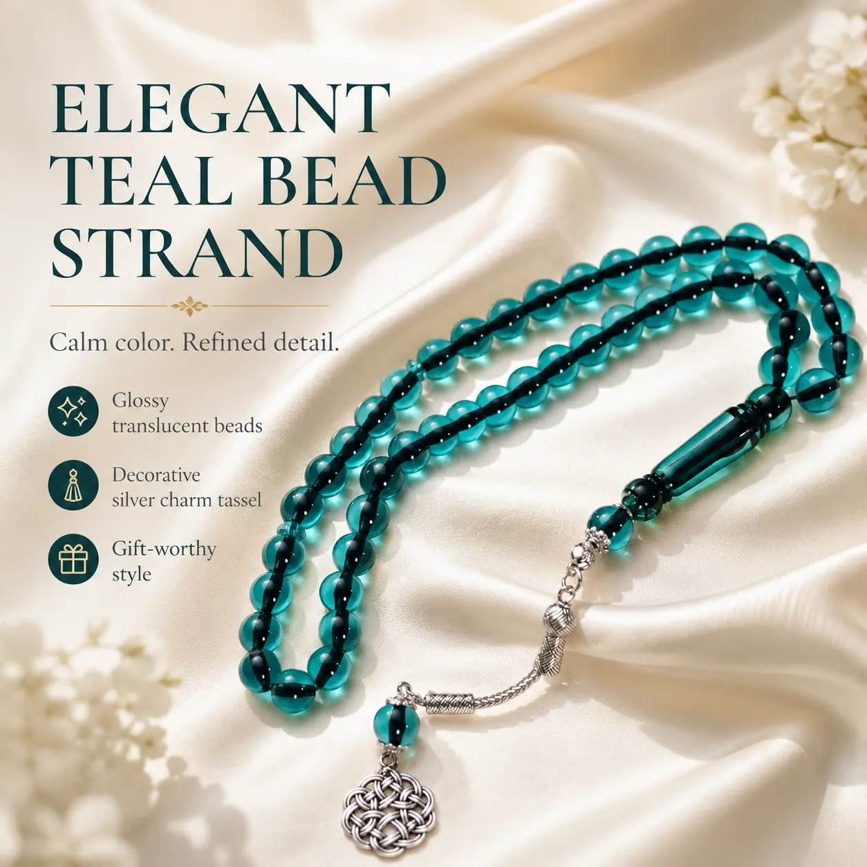 Elegant Teal Beaded Necklace for Women, Glossy Crystal Prayer Beads Chain with Silver Tassel Pendant, Vintage Statement Jewelry Gift