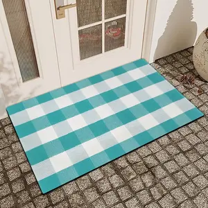 1 Pc Water Green Checkered Printed Door Mat With Linen Surface, Diatomaceous Earth, Anti Slip And Absorbent Rug, Indoor And Outdoor Printed Door Mat, Kitchen, Dining Room, Bathroom, Bedroom Decoration, Holiday Home Decoration