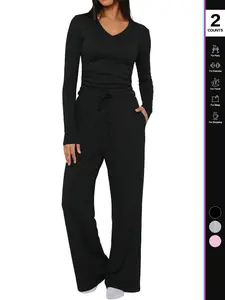 2026 Women's 2 Piece Lounge Set V-Neck Long Sleeve Top and Adjustable Drawstring Wide Leg Pants Pajama Set Casual Loungewear