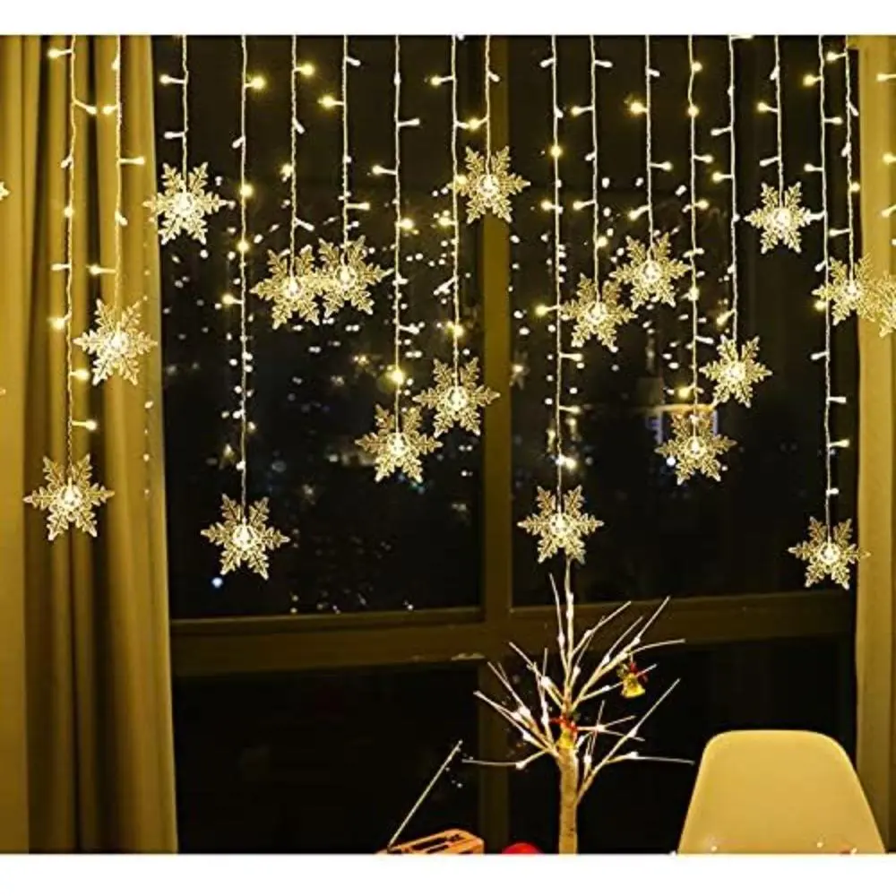 Plastic LED Snowflake Curtain Decor Lights, 19ft 96 Warm White LED Plug-in String Lamp, 8 Adjustable Modes, Waterproof Soft Glow, Christmas Ornaments for Indoor Home Window Party Decor, Ornaments Christmas