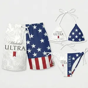 USA Flag Matching Couple Swimwear Set, Michelob Ultra American Flag Tropical Matching Bikini Set & Men's Swim Trunks – Patriotic USA Flag String Bikini, Couple Swimwear,