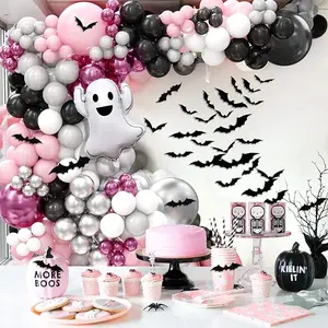 Pink Halloween Balloon Garland Kit for Girls - 175Pcs Grey, White, Black Balloons, 3D Bat Stickers & Ghost Balloon - Birthday Party Decorations