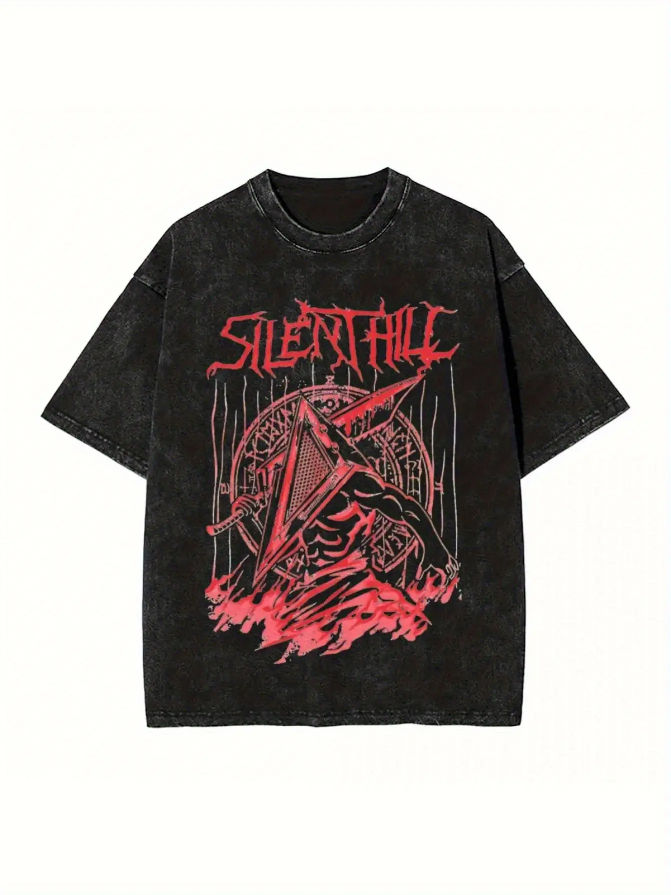 Men's Distressed Vintage Silent Hill Heavy Metal Pattern Crew Neck Short-Sleeve Cotton T-Shirt - Black, Large, Fitted Cut, All Seasons Casual Streetwear Top for Horror Game Lovers, Menswear, Tshirt, Shortsleeve