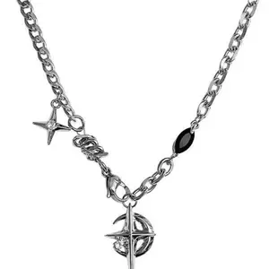 Titanium Steel Necklace with Sapphire Star Pendant, Unique Hip Hop Street Style Men's Choker Chain, Distinctive Latin Design for All Seasons