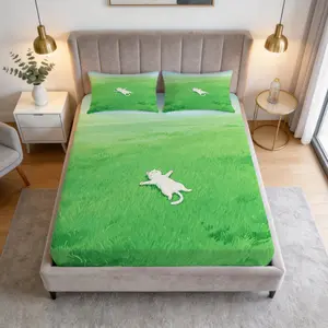 3 Pcs Cute Cat & Dog Fitted Sheet Set, Cartoon Animal Pattern 360° Elastic Deep Pocket Fitted Sheet, HD Digital Print Soft Breathable Machine Washable Bedroom Bedding (No Insert), Ideal for Cat Lovers Home Decor