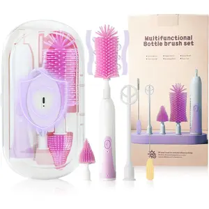 Bottle Brush Set with Pacifier/Straw Brush and Mixing Head, Bottle Cleaner with Drying Rack, 2 Modes & 360 (Purple)