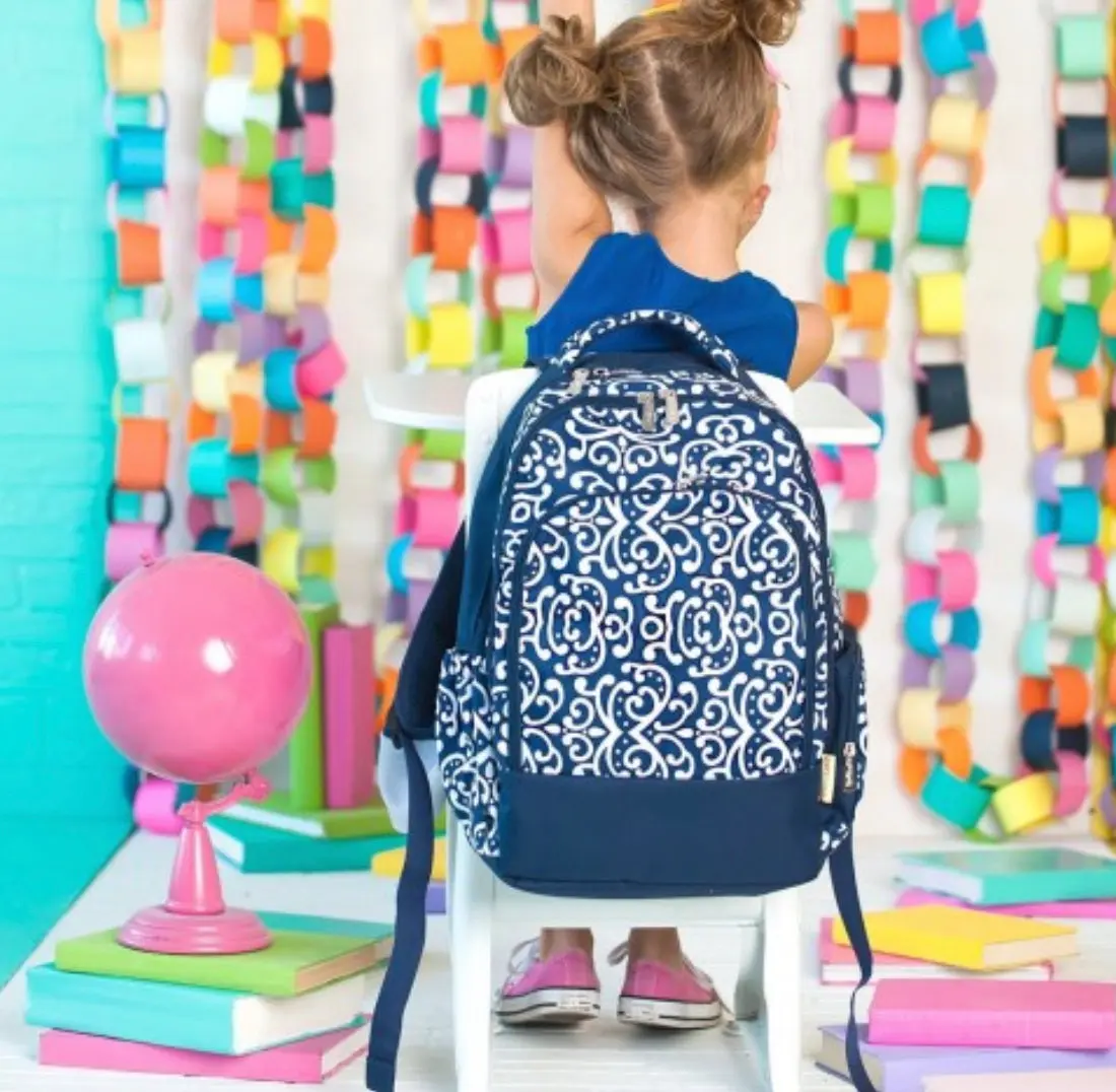 Navy Dani Damask Backpack - Synthetic Polyester Functional Luggage with Water Bottle Slot, Adjustable Shoulder Strap, 12" L x 5" W x 17" H