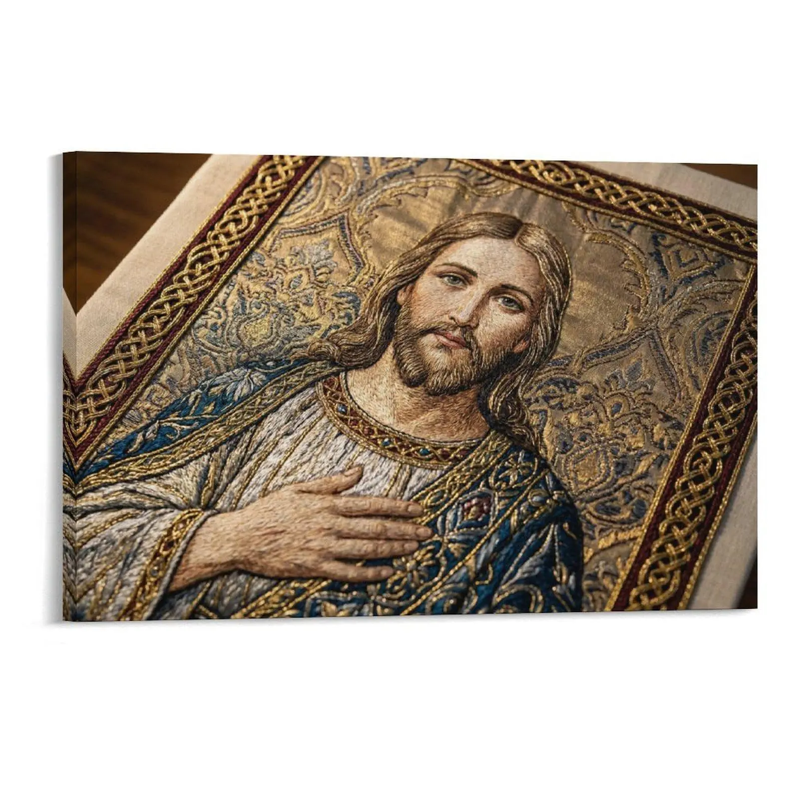 Caucasian Jesus Embroidered Canvas Wall Art Decor - Ornate Gold-Blue Design, Religious Tapestry, Intricate Stitchwork, Rich Textured Fabric, Home-Church Indoor Decor