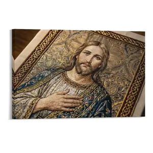 Caucasian Jesus Embroidered Canvas Art - Ornate Gold - Blue Design, Religious Tapestry Style, Intricate Needlework, Rich Textured Fabric, Home/Church Decor