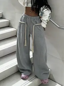 Y2K Grunge Rope Detail Sweatpants, Baggy Wide-Leg Joggers, Retro 2000s Aesthetic, Elastic Waist, Cargo-Style Pockets