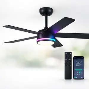 Kviflon Black RGB Ceiling Fans with Lights - 46" Modern Low Profile Ceiling Fan with Lights and Remote Control, 5 Dual-Sided Blades, Reversible DC Motor, Ceiling Fan for Indoor and Outdoor | 8228
