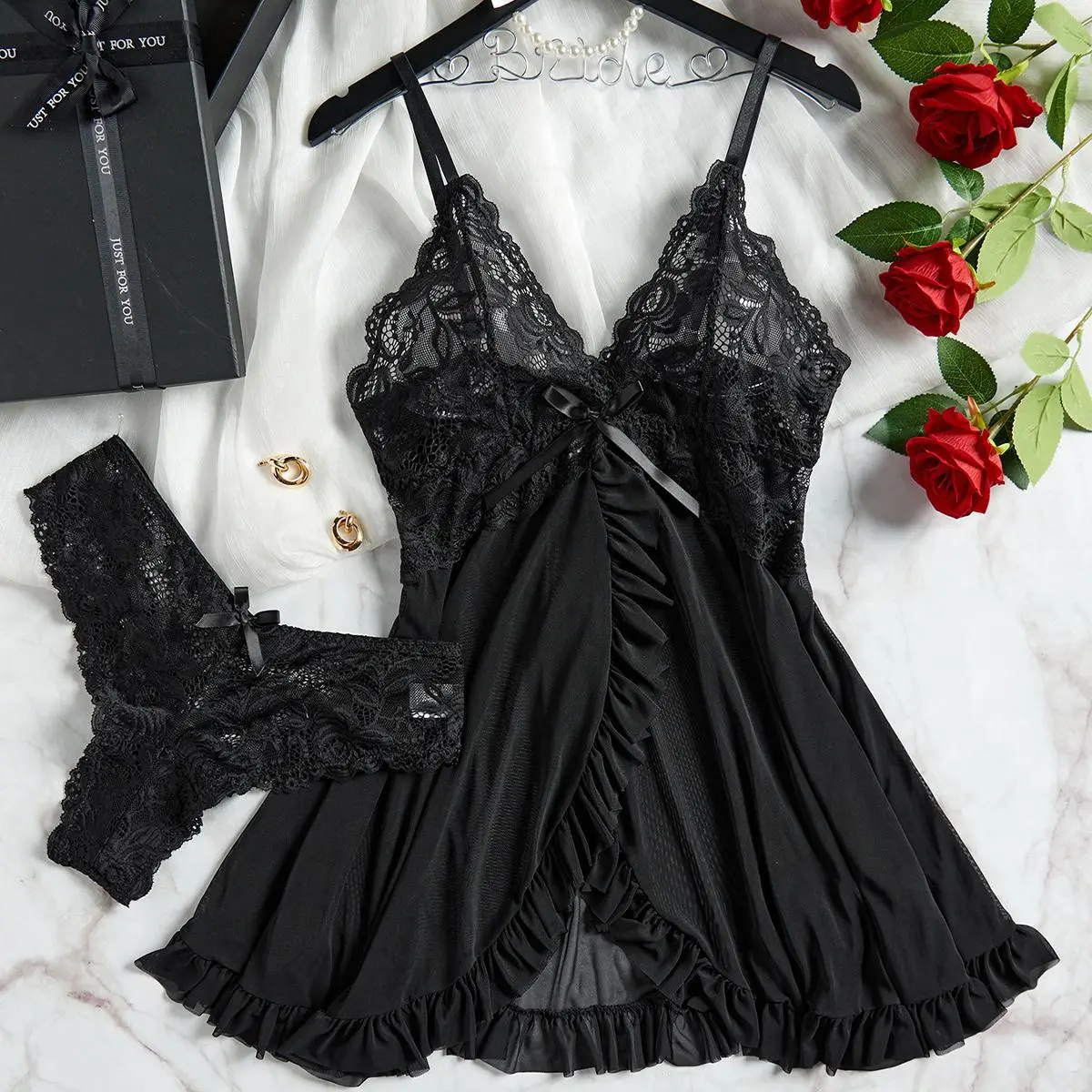 Transparent Red Lace See Through Nightdress Women's Sexy Lingerie Underwear  Sleepwear Panty Pijamas Sets Nighty Sleeveless