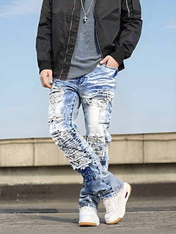 Heavy Distressed Ripped Stacked Jeans for Men Trendy Denim with Torn Details Stacked Fit Comfortable & Stylish japanese  raw  denim holiday  party  outfits dark  wash  jeans slim  fit  baggy vaquero  men levi jaded london  casting bootcut levis  mid  rise