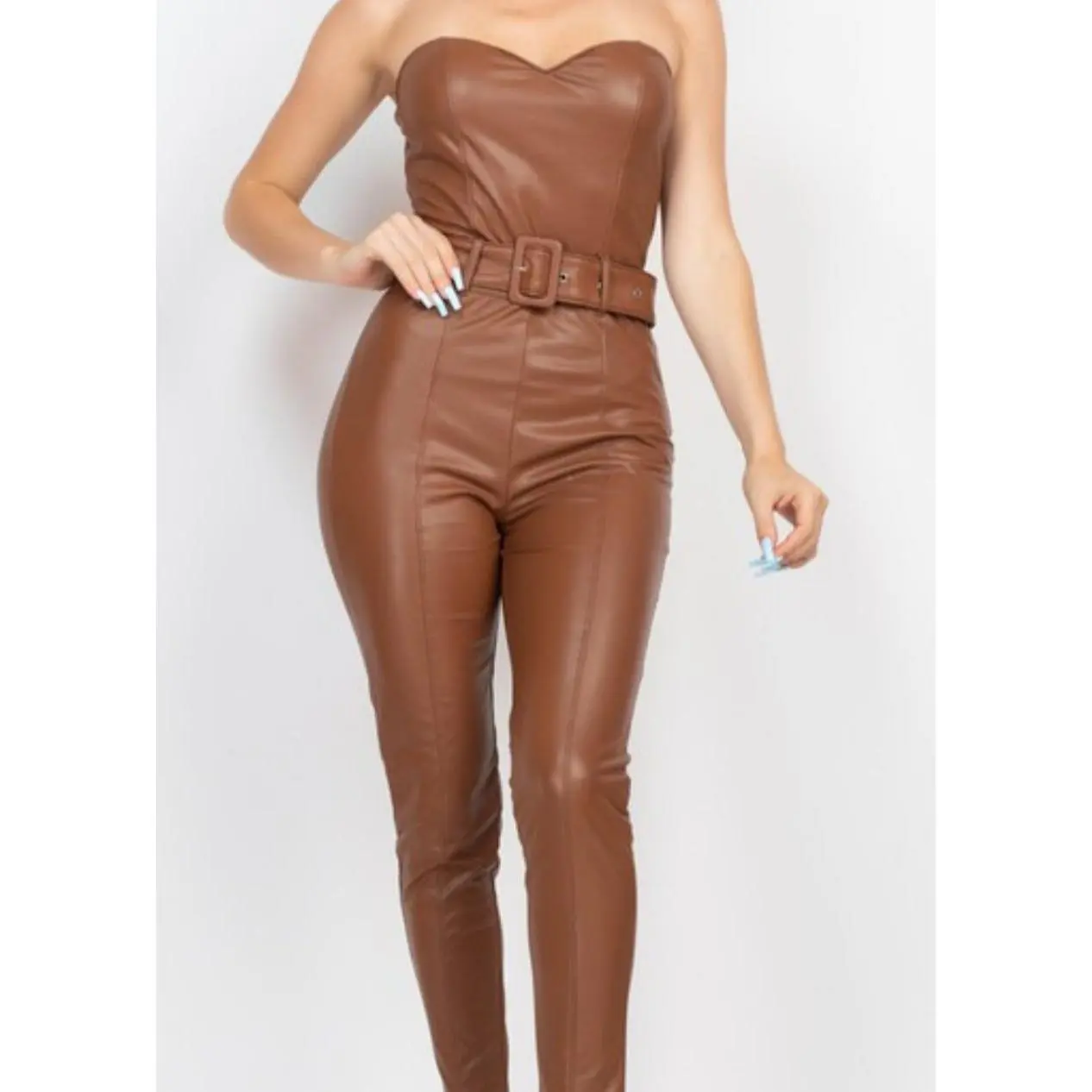 VICTORIA BROWN FAUX LEATHER JUMPSUIT