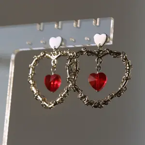 Goth Heart Hoops - Vampire Earrings - Romance Goth - Gothic Earrings - Wire and Chain Wrapped Hoop Earrings - Red Heart Earrings -  Romantic Jewelry
