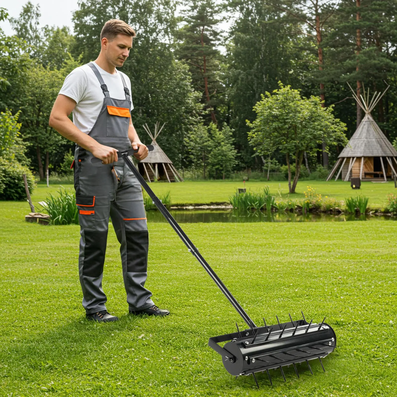 Karlhome Rolling Lawn Aerator with T-Shaped Handle, 17 inch Manual Aerator Tool, Lawn Aerator Spike Tool with 36 Spikes for Garden Yard Soil Health Maintaining, Black