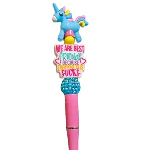 Best Friends Pink Beadable Pen with Ink Refill, Featuring Rainbow Design and Character, Fun Accessories for Kids