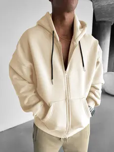 Unisex Men's Solid Color Drop Shoulder Zip Up Hoodie, Basic Casual Regular Fit Drawstring Pocket Zipper Hooded Jacket for Daily Holiday Outdoor Wear, Men Clothes for Spring