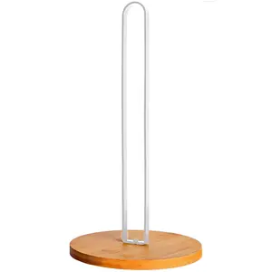 White Paper Towel Holder with Non-Slip Wooden Base – Portable Freestanding Countertop Organizer - Fits All Roll Sizes - Perfect for Kitchens, Bathrooms, and Offices
