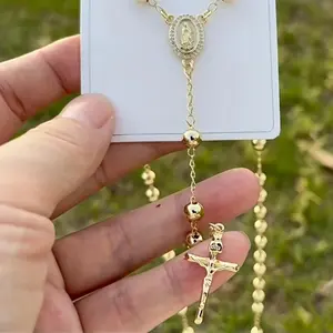 Trendy 14K Gold Plated Catholic Y Necklace Our Lady of Guadalupe & Rosary Beads Cross Pendant Elegant Dainty Christian Religious Jewelry for Women Everyday Wear & Gift