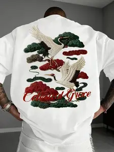 Viral Men's Crane Pattern T-Shirt 2026, Luxury Asian Art Style, High-End Stitching, Streetwear Casual Top, Celestial Grace Design